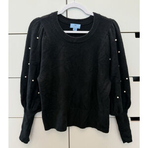 CeCe Black Crewneck Sweater with Pearl Beaded Puff Sleeves - Women's Sz. Medium